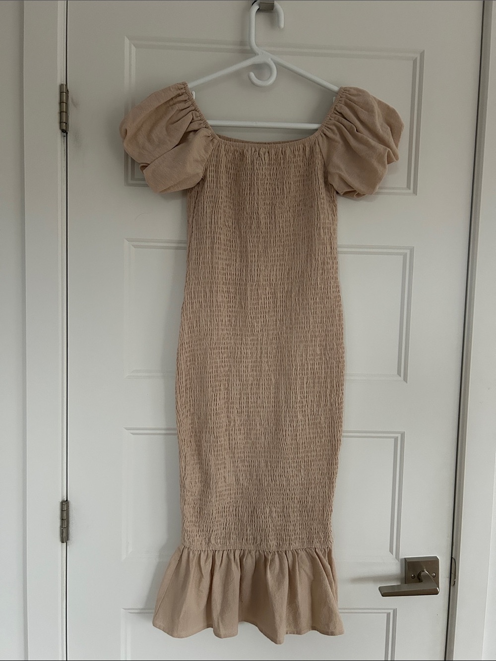 Simplee Apparel Beige Puff Sleeve Midi Dress